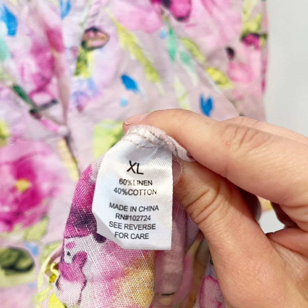 Hester & Orchard Floral Linen Blend Blouse XL Pink Watercolor Ruffle V-Neck Top - Picture 4 of 7